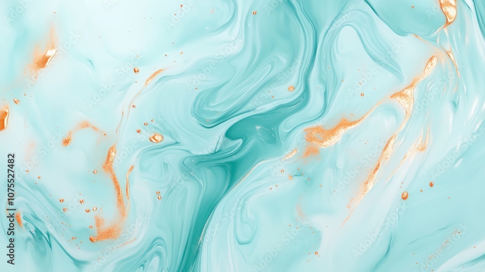 Poster acrylic fluid art featuring abstract turquoise paint waves with dynamic golden splashes creating a m