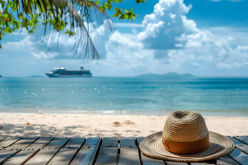 Obraz premium Relaxing seaside view with a straw hat overlooking calm waters at a tropical beach