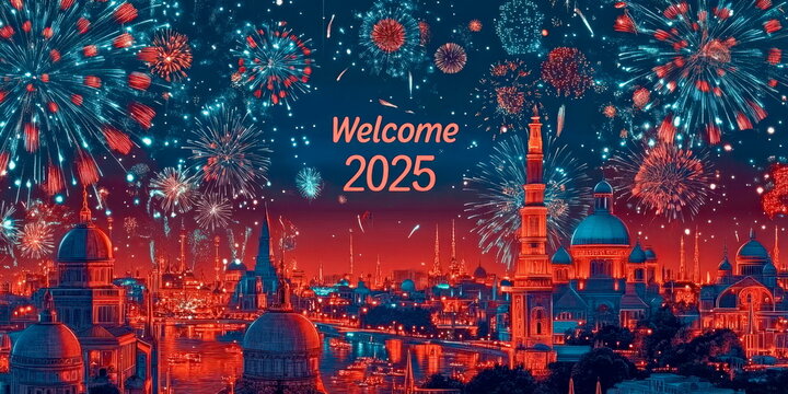Fireworks bursting over cityscape with "Welcome 2025" in the center, blank space above for customization