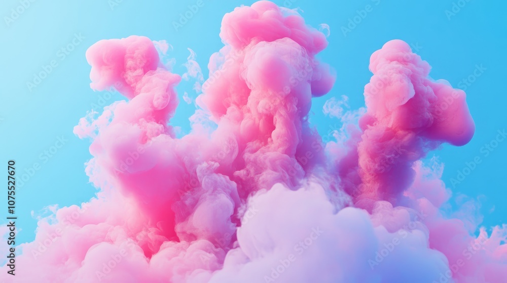 Poster swirls of pink smoke against a blue backdrop featuring bold color blobs and realistic hyper detail i