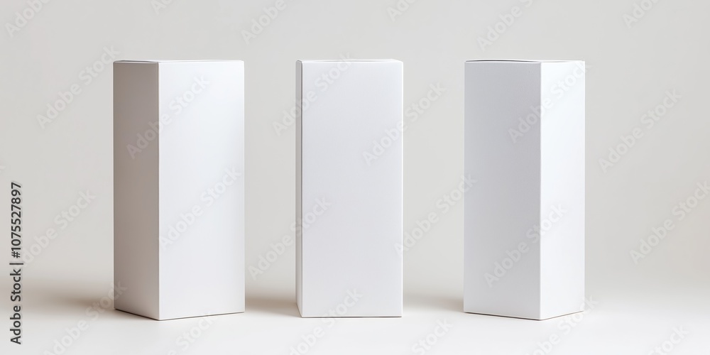Poster three white boxes are standing upright on a white background. the boxes are identical in size and sh