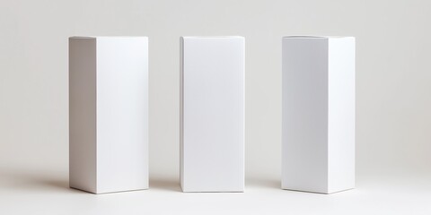 Three white boxes are standing upright on a white background. The boxes are identical in size and shape, and they appear to be empty. Scene is simple and minimalistic