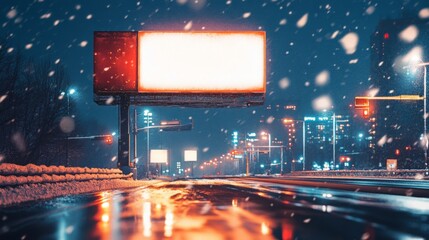 Snowflakes gently fall on an empty road illuminated by city lights. A bright, unlit billboard stands prominently, surrounded by urban elements under the nighttime sky.