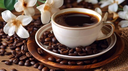 Fototapeta premium Full cup of coffee is steaming on a rustic wooden table, surrounded by scattered coffee beans and delicate white flowers, creating a cozy and inviting scene perfect for a relaxing morning