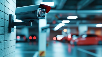 Obraz premium Indoor CCTV security camera system in action capturing a blurred view of an underground parking garage showcasing surveillance technology and RFID management solutions