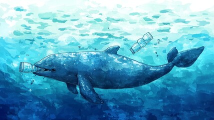Dolphin swims through ocean while consuming plastic bottles a call for environmental awareness