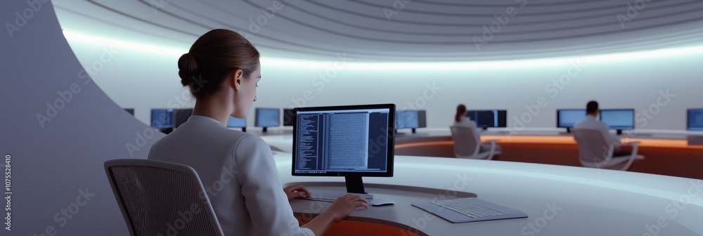 Poster a woman is sitting at a desk in front of a computer monitor. she is working on a project