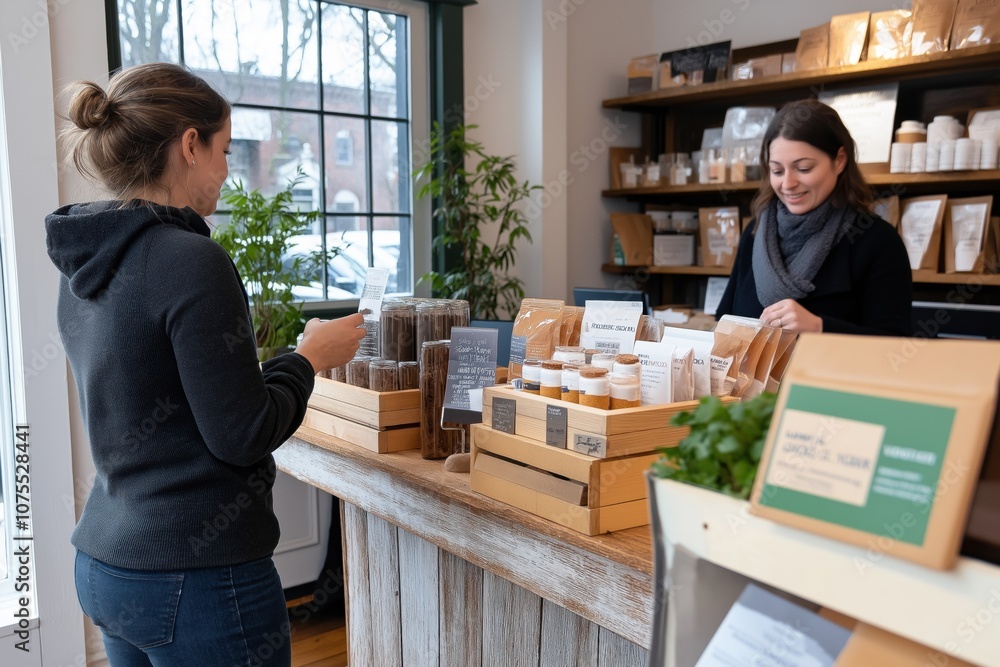 Poster a woman is standing in front of a counter in a store. she is looking at a display of items and she i