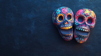 Naklejka premium Colorful decorative skulls on a dark textured background celebrating the vibrant traditions of a cultural festival Space for text included