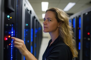 A woman is looking at a computer monitor and pressing a button. She is wearing a black shirt and has long blonde hair