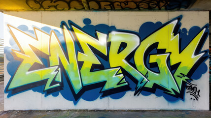 Colorful graffiti artwork showcases the vibrant word 'ENERGY' in bold yellow and green, set against...