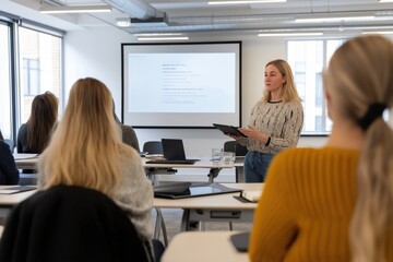 Obraz premium A woman is giving a presentation in front of a group of people. The presentation is on a large screen and the woman is holding a tablet. The people in the audience are sitting at tables and chairs