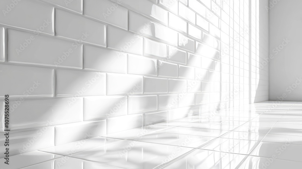 Poster white subway tiles in a bright light creating a textured wall backdrop suitable for panoramic displa