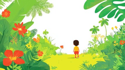 A young explorer embarks on an adventure through a vibrant jungle landscape