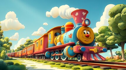 A colorful cartoon train with cheerful characters, designed in a playful, whimsical style, perfect for children's stories and animations.