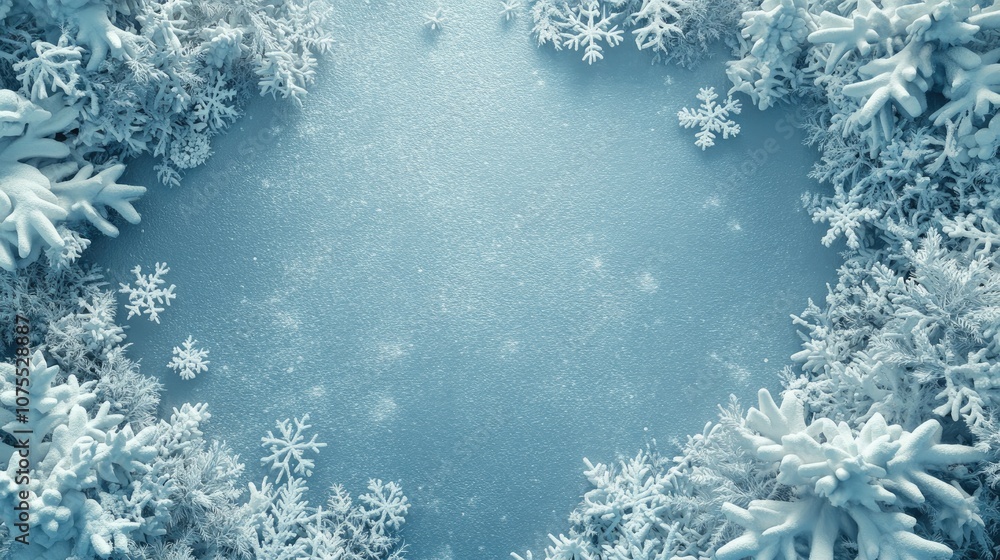 Poster winter background featuring a frame of snow and snowflakes captured from a top view with ample space