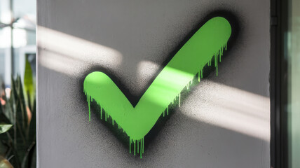 Vibrant green graffiti check mark on a wall, adding a pop of color and urban grit to a contemporary setting.
