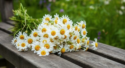 Obraz premium Fresh daisy bouquet on rustic wooden bench in garden
