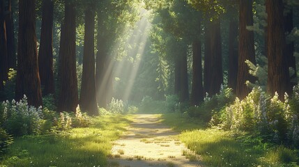 A serene pathway lined with towering pine trees, sunlight streaming through, inviting quiet reflection and solitude in nature.