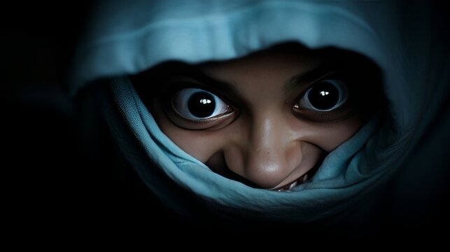 Eerie portrait of a man with a wild smile, staring intensely at the camera with an enigmatic gaze