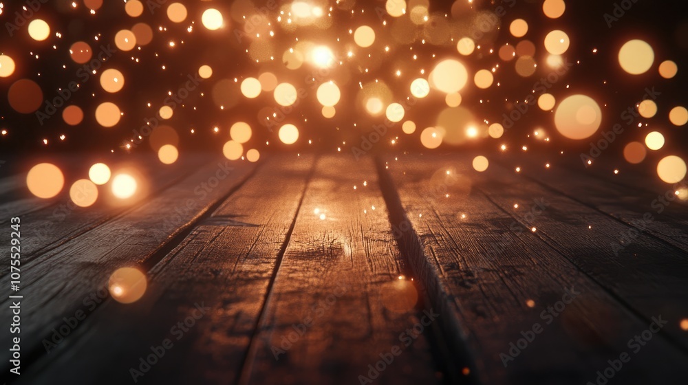 Poster vintage glow with an abstract bokeh backdrop on a rustic wooden surface blurred lights create a fest