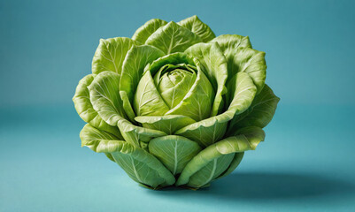 Fototapeta premium A green cabbage arranged to resemble a rose sits on a blue surface