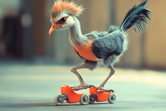 Whimsical bird roller-skating with vibrant orange skates, showcasing creativity, humor, surreal design, playful concept art, and imaginative animal illustration for unique visual storytelling

