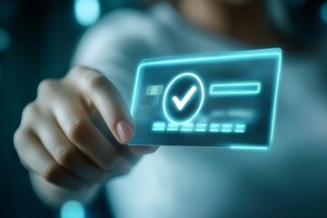 A person is confirming a secure online payment with a credit card on a digital interface, featuring a verification tick symbol, showcasing the importance of safe internet banking practices