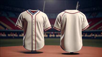 Two white baseball jerseys with red and blue trim are displayed, front and back, on a baseball field with stadium lights in the background
