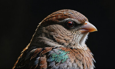 A small brown bird with a green patch on its wing sits against a dark background