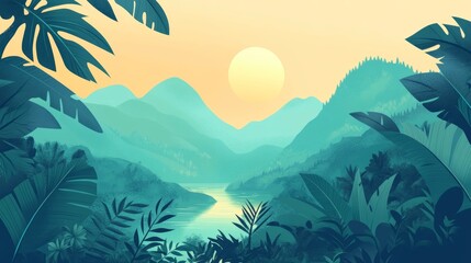 Serene Landscape with Mountain Range and Sun. Minimalist Flat Illustration.