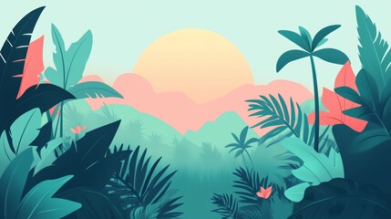 Tropical Sunset Landscape with Palm Trees and Lush Greenery. Minimalist Flat Illustration.