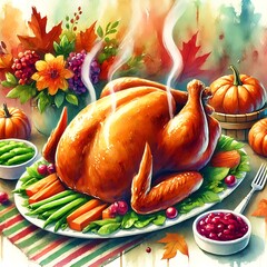 Festive Table for Thanksgiving Holiday with Whole Roasted Turkey. Juicy Garnished Turkey with Pumpkin, Rosemary, Herbs. Traditional Holiday Food for Christmas, Cozy Autumn Vegetables. Generative AI