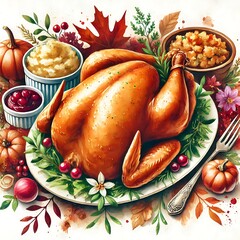 Festive Table for Thanksgiving Holiday with Whole Roasted Turkey. Juicy Garnished Turkey with Pumpkin, Rosemary, Herbs. Traditional Holiday Food for Christmas, Cozy Autumn Vegetables. Generative AI