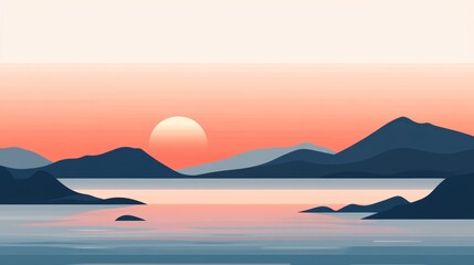 Sunset Landscape with Mountains and Calm Water. Minimalist Flat Illustration.