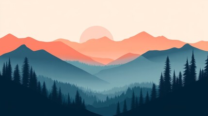 Obraz premium Sunset Over a Mountain Range. Minimalist Flat Illustration.