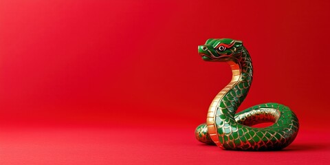 Fototapeta premium Vibrant green ceramic snake figurine on red background portraying elegance and mystery for chines new year