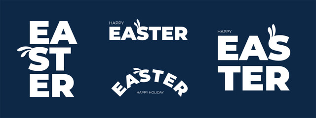 Happy Easter lettering set. Paschal celebration modern inscription for greeting card. Springtime holiday letters logo. Trendy typography logotype with cute bunny ears. Eps badge