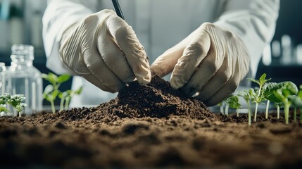 A person in gloves is carefully sowing seeds into rich soil, surrounded by small plants, illustrating hands-on gardening or scientific cultivation.