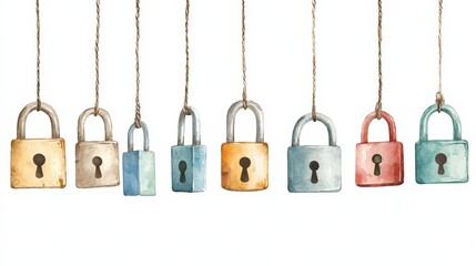 A series of colorful hanging padlocks, showcasing various sizes and designs, symbolizing security and protection.
