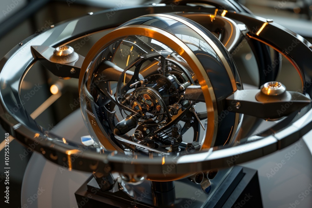 Poster complex futuristic device with intricate mechanics is rotating and showing its inner workings
