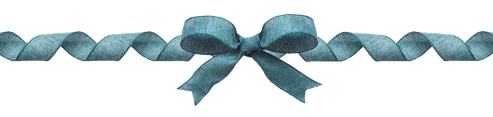 Green cloth Christmas gift bow and ribbon. Long border, curled, isolated on a white background.