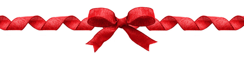 Red cloth Christmas gift bow and ribbon. Long border, curled, isolated on a white background.