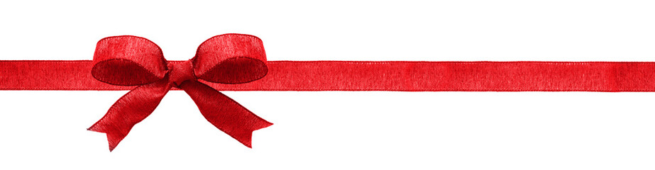 Red fabric Christmas gift bow and ribbon. Long border isolated on a white background.