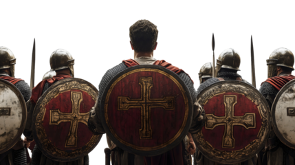 Roman Christian soldiers warriors of Jesus Christ.
Transparent background of man with shield behind their backs.
Swords and spears.