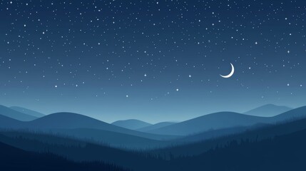 Night Landscape with Crescent Moon and Starry Sky. Minimalist Flat Illustration.