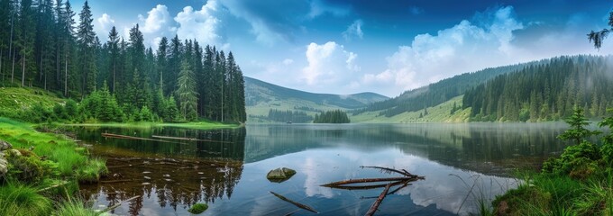 Stunning panorama background from the Mummelsee in the Black Forest on the Black Forest High Road, with reflection in the water