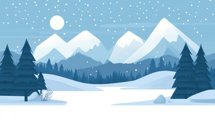 Snowy Mountain Landscape with Pine Trees. Minimalist Flat Illustration.