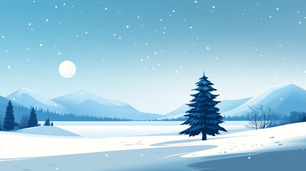 Winter Landscape with a Single Pine Tree. Minimalist Flat Illustration.