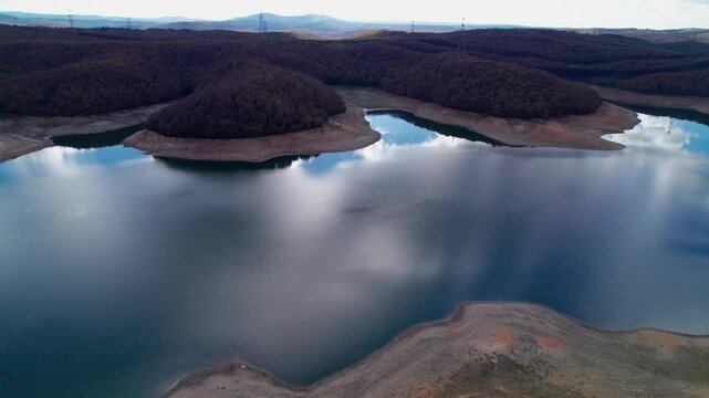 Omerli Dam is a dam in Istanbul, Turkey. Omerli Dam is located in Cekmekoy district. Aerial drone shot.